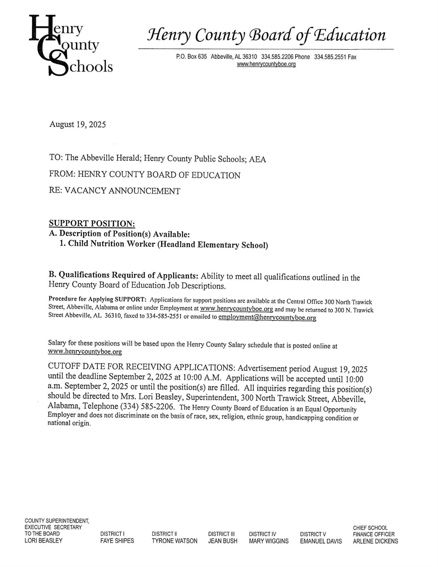 We are hiring a CNP Worker at Headland Elementary School